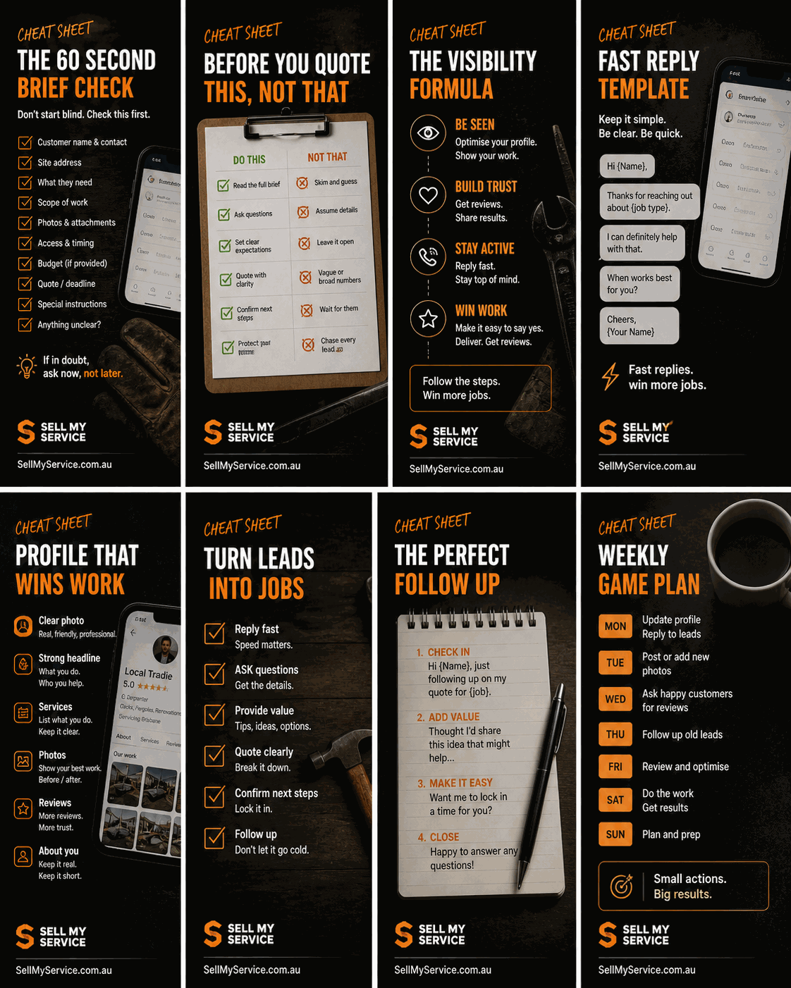 Sell My Service cheat sheets. 8 of the 20 cards previewed.